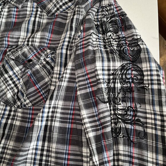 Buckle Men's Pop Icon Pearl Snap Long Sleeve Plaid Shirt Embroidered Size XL - Picture 3 of 14